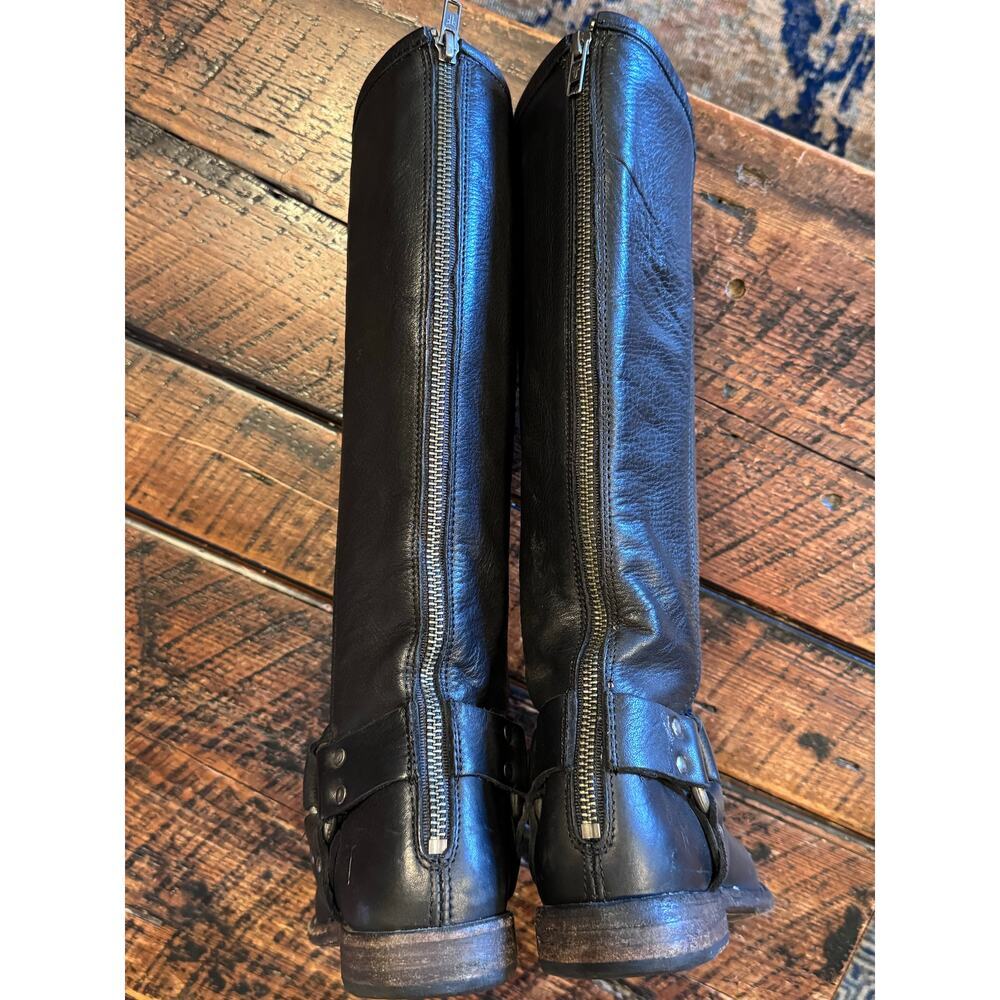 Womens Size 5.5 Black Leather FRYE "Olivia" Tall Zip Up Harness and Buckle Boots - Picture 11 of 17